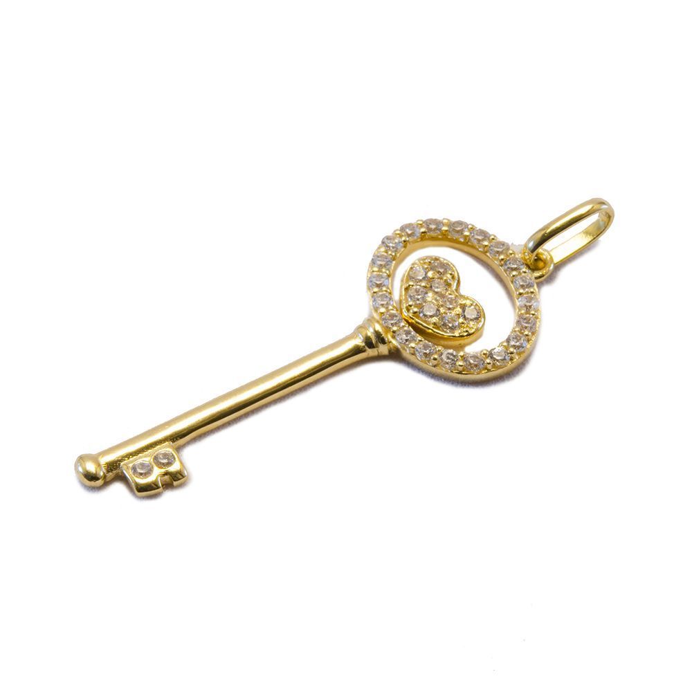 Pingente Chave com Zirc�nias em Ouro 18 Kilates - 24232